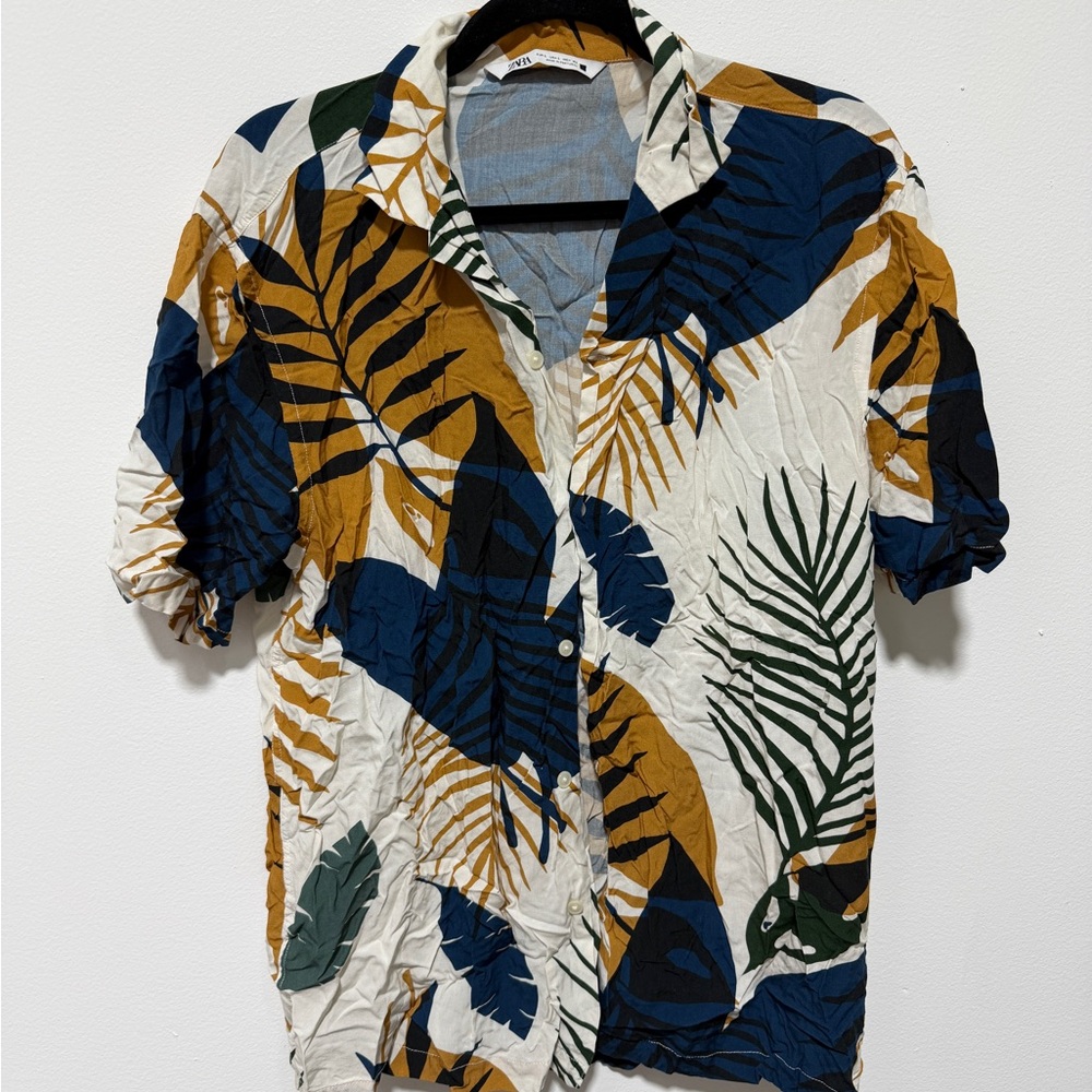 Zara Men's Leaf Print Shirt - Blue, Green, Brown